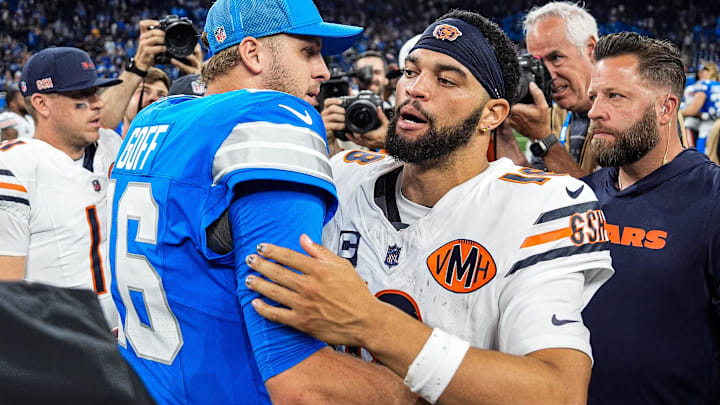 Caleb Williams is greeted by Jared Goff Sunday after the Bears' second straight loss, this one in blowout fashion.
