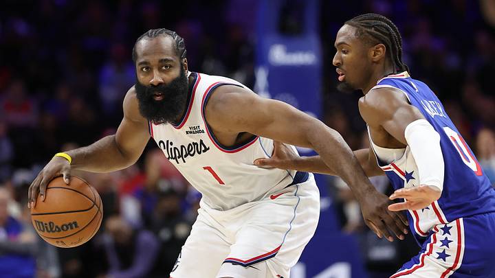 Nov 17, 2025; Philadelphia, Pennsylvania, USA; LA Clippers guard James Harden (1) controls the ball against Philadelphia 76ers guard Tyrese Maxey (0) during the fourth quarter at Xfinity Mobile Arena. Mandatory Credit: Bill Streicher-Imagn Images Nov 17, 2025; Philadelphia, Pennsylvania, USA; LA Clippers guard James Harden (1) controls the ball against Philadelphia 76ers guard Tyrese Maxey (0) during the fourth quarter at Xfinity Mobile Arena. Mandatory Credit: Bill Streicher-Imagn Images