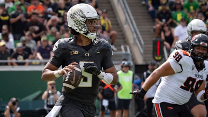 Oregon Ducks quarterback Dante Moore carries the ball as the Oregon Ducks host the Oregon State Beavers Sept. 20, 2025, at Autzen Stadium in Eugene, Oregon.