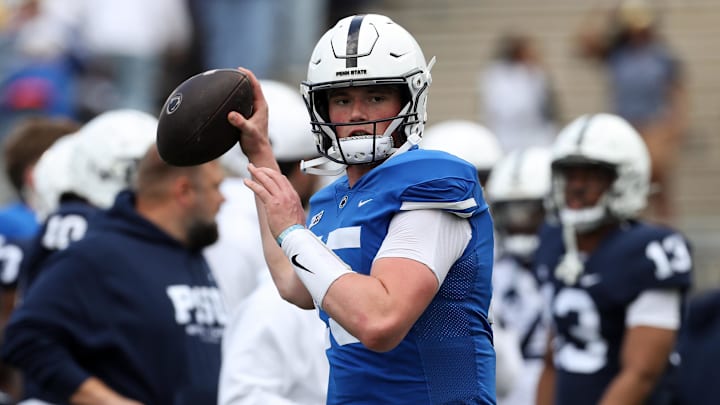 Apr 26, 2025; University Park, PA, USA; Penn State Nittany Lions quarterback Drew Allar (15) throws a pass during a warm up prior to the Blue White spring game at Beaver Stadium. Mandatory Credit: Matthew O'Haren-Imagn Images