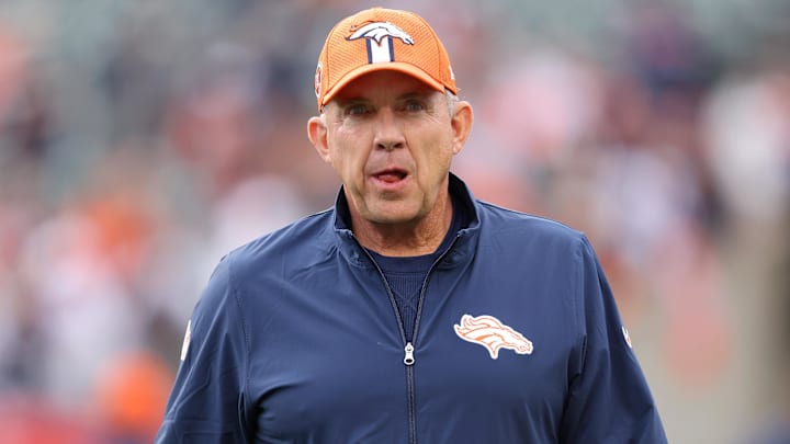 Dec 28, 2024; Cincinnati, Ohio, USA;  Denver Broncos head coach Sean Payton takes the field before a game against the Cincinnati Bengals at Paycor Stadium. 