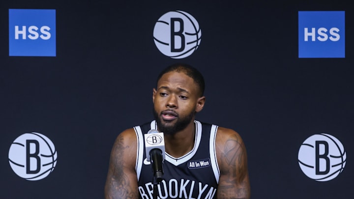 Sep 23, 2025; Brooklyn, NY, USA;  Brooklyn Nets forward Haywood Highsmith (7) speaks at Media Day. Mandatory Credit: Wendell Cruz-Imagn Images
