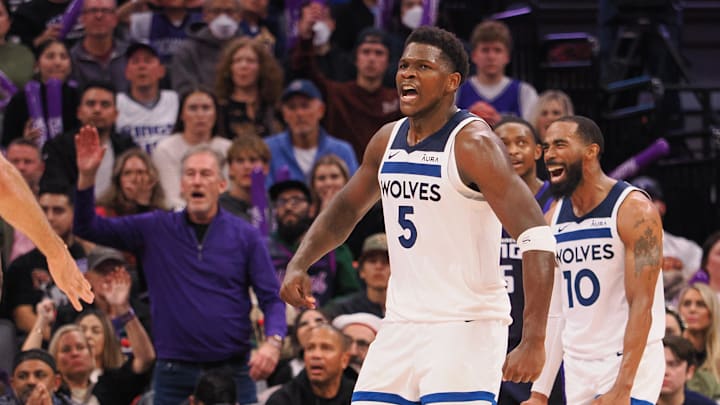 Dec 23, 2023; Sacramento, California, USA; Minnesota Timberwolves guard Anthony Edwards (5) celebrates after a basket against the Sacramento Kings during the fourth quarter at Golden 1 Center. Mandatory Credit: Kelley L Cox-Imagn Images