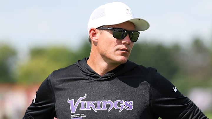 Jul 29, 2025; Eagan, MN, USA; Minnesota Vikings head coach Kevin O'Connell looks on during the teams training camp at the Minnesota Vikings Training Facility.