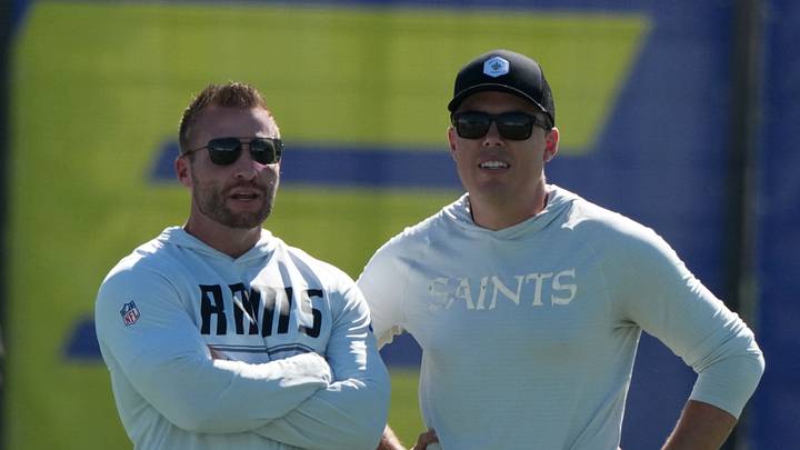 Aug 20, 2026; Woodland Hills, CA, USA; Los Angeles Rams head coach Sean McVay and New Orleans Saints head coach Kellen Moore during a joint practice at Rams Practice Facility. Mandatory Credit: Kirby Lee-Imagn Images Aug 20, 2026; Woodland Hills, CA, USA; Los Angeles Rams head coach Sean McVay and New Orleans Saints head coach Kellen Moore during a joint practice at Rams Practice Facility. Mandatory Credit: Kirby Lee-Imagn Images