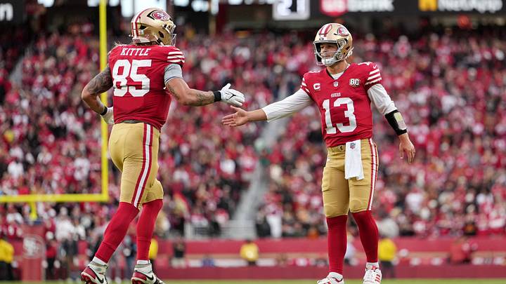 Oct 19, 2026; Santa Clara, California, USA;  San Francisco 49ers quarterback Brock Purdy (13) celebrates a touchdown with San Francisco 49ers tight end George Kittle (85) during the first quarter 