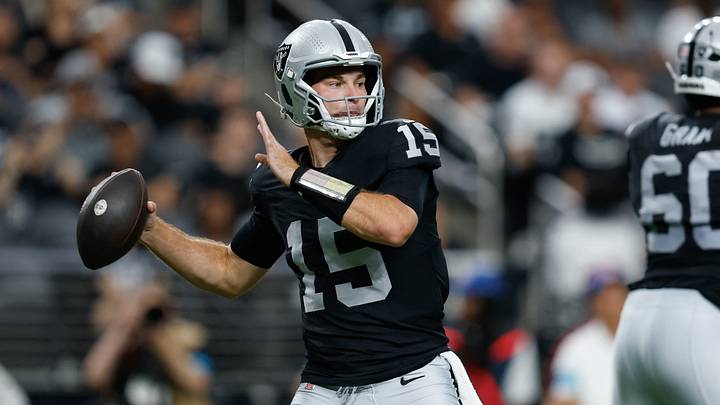 Aug 13, 2026; Paradise, Nevada, USA; Las Vegas Raiders quarterback Fernando Mendoza (15) throws a pass during a preseason game against the Arizona Cardinals at Allegiant Stadium. Mandatory Credit: David Brytus-Imagn Images