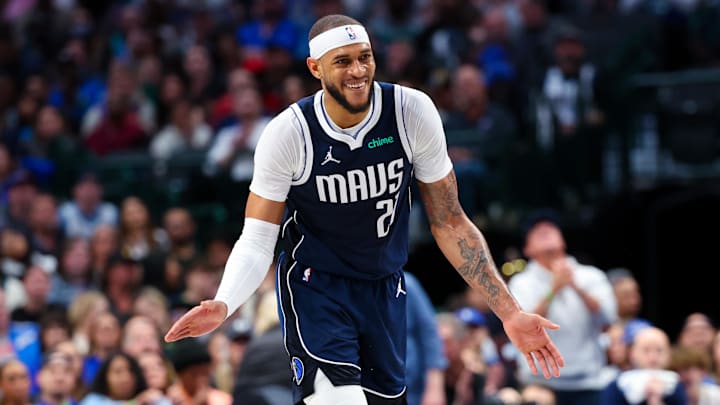 Feb 10, 2024; Dallas, Texas, USA; Dallas Mavericks center Daniel Gafford (21) reacts during the