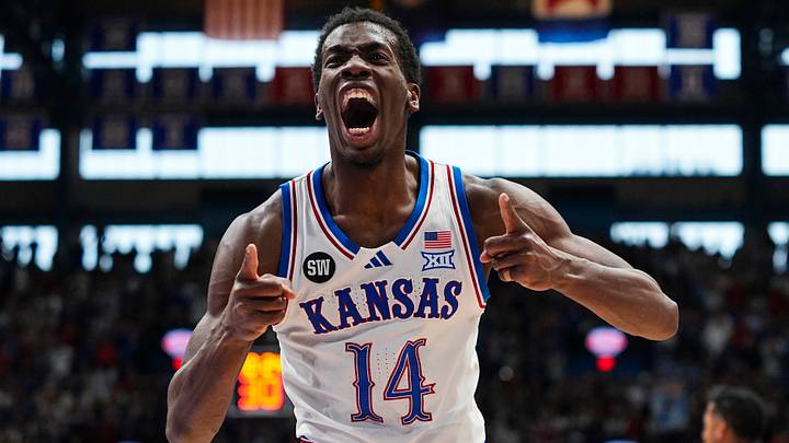 Jan 31, 2026; Lawrence, Kansas, USA; Kansas Jayhawks guard Melvin Council Jr. (14) celebrates during the first half against the BYU Cougars at Allen Fieldhouse. Mandatory Credit: Jay Biggerstaff-Imagn Images Jan 31, 2026; Lawrence, Kansas, USA; Kansas Jayhawks guard Melvin Council Jr. (14) celebrates during the first half against the BYU Cougars at Allen Fieldhouse. Mandatory Credit: Jay Biggerstaff-Imagn Images