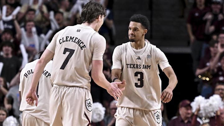 Feb 18, 2026; College Station, Texas, USA; Texas A&M Aggies guard Rylan Griffen (3) reacts during the second half against the Ole Miss Rebels at Reed Arena. Mandatory Credit: Maria Lysaker-Imagn Images 