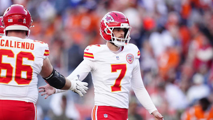 Nov 16, 2025; Denver, Colorado, USA; Kansas City Chiefs kicker Harrison Butker (7) celebrates his field goal in the second quarter against the Denver Broncos at Empower Field at Mile High. Mandatory Credit: Ron Chenoy-Imagn Images