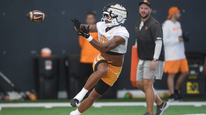 Tennessee tight end Ethan Davis (0) during Tennessee football’s first fall practice, in Knoxville, Tenn., Wednesday, July 31, 2024.