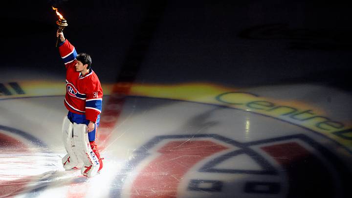 Jan 19, 2013; Montreal, QC, CAN; Montreal Canadiens goaltender Carey Price (31) with the Canadiens torch during the warmup period at the Bell Centre.  Mandatory Credit: Eric Bolte-USA TODAY Sports