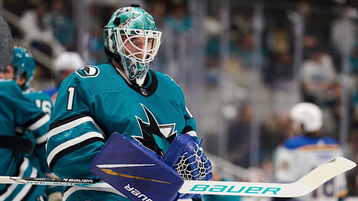 Apr 6, 2024; San Jose, California, USA; San Jose Sharks goaltender Devin Cooley (1) waits for play