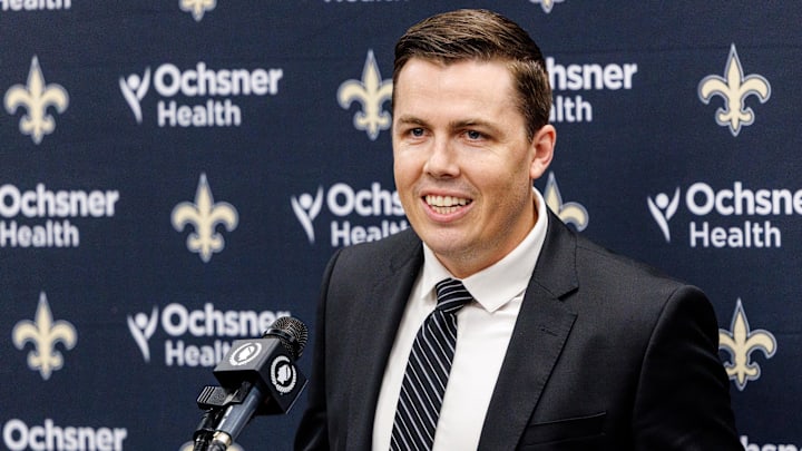 Feb 13, 2025; New Orleans, LA, USA;  New Orleans Saints introduce Kellen Moore as the head coach and he addresses the media at Ochsner Sports Performance Center. Mandatory Credit: Stephen Lew-Imagn Images