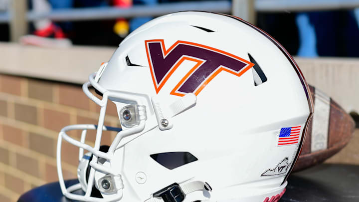 Nov 11, 2023; Chestnut Hill, Massachusetts, USA; A Virginia Tech Hokies helmet rest on a table during the first half against the Boston College Eagles at Alumni Stadium. Mandatory Credit: Eric Canha-Imagn Images Nov 11, 2023; Chestnut Hill, Massachusetts, USA; A Virginia Tech Hokies helmet rest on a table during the first half against the Boston College Eagles at Alumni Stadium. Mandatory Credit: Eric Canha-Imagn Images