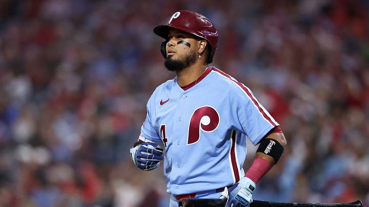 Sep 24, 2026; Philadelphia, Pennsylvania, USA; Philadelphia Phillies second baseman Luis Arraez (4) prepares to bat during the third inning against the Milwaukee Brewers at Citizens Bank Park. Mandatory Credit: Bill Streicher-Imagn Images