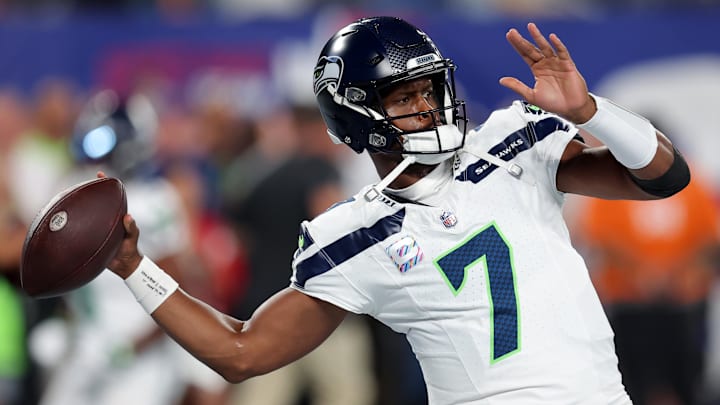 Oct 2, 2023; East Rutherford, New Jersey, USA; Seattle Seahawks quarterback Geno Smith (7) warms up before a game against the New York Giants at MetLife Stadium. Mandatory Credit: Brad Penner-Imagn Images