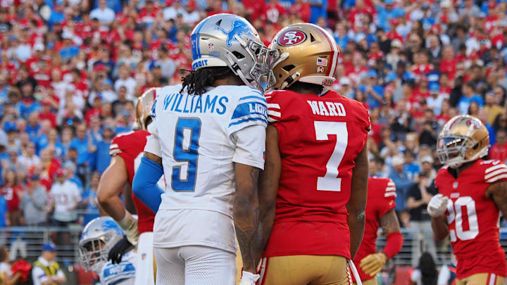Jan 28, 2024; Santa Clara, California, USA; Detroit Lions wide receiver Jameson Williams (9) talks with San Francisco 49ers cornerback Charvarius Ward (7) during the first half of the NFC Championship football game at Levi's Stadium.