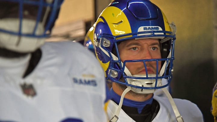 Jan 19, 2025; Philadelphia, Pennsylvania, USA; Los Angeles Rams quarterback Matthew Stafford (9) in the tunnel against the Philadelphia Eagles in a 2025 NFC divisional round game at Lincoln Financial Field. Mandatory Credit: Eric Hartline-Imagn Images