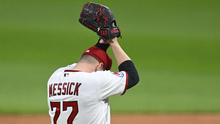 Apr 16, 2026: Cleveland Guardians starting pitcher Parker Messick (77) reacts after giving up his first hit of the game in the ninth inning against the Baltimore Orioles at Progressive Field. 