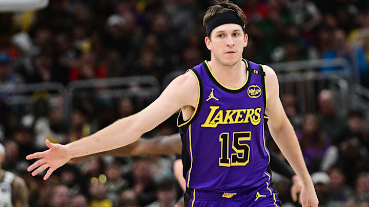 Los Angeles Lakers guard Austin Reaves (15) reacts in the second quarter against the Milwaukee Bucks at Fiserv Forum.