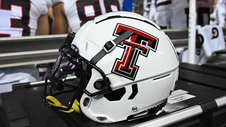 Texas Tech Red Raiders helmet sits during a football game. Mandatory Credit: James Snook-Imagn Images
