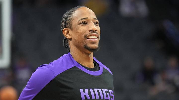 Dec 8, 2024; Sacramento, California, USA; Sacramento Kings forward DeMar DeRozan (10) before the game against the Utah Jazz at Golden 1 Center. Mandatory Credit: Darren Yamashita-Imagn Images