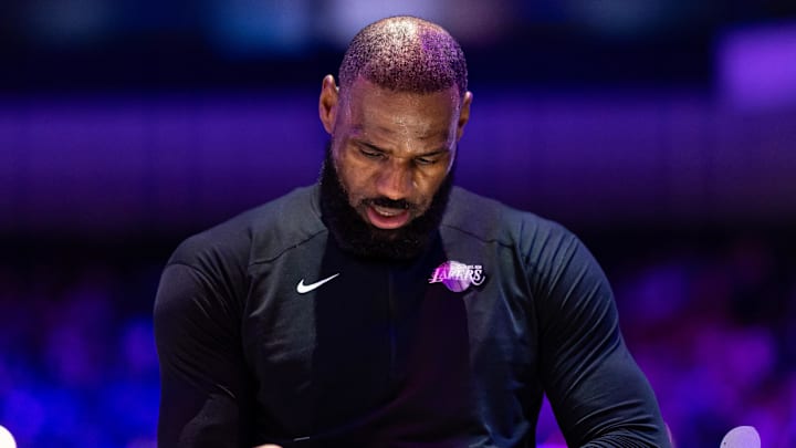 Jan 28, 2025; Philadelphia, Pennsylvania, USA; Los Angeles Lakers forward LeBron James (23) before action against the Philadelphia 76ers at Wells Fargo Center. Jan 28, 2025; Philadelphia, Pennsylvania, USA; Los Angeles Lakers forward LeBron James (23) before action against the Philadelphia 76ers at Wells Fargo Center.