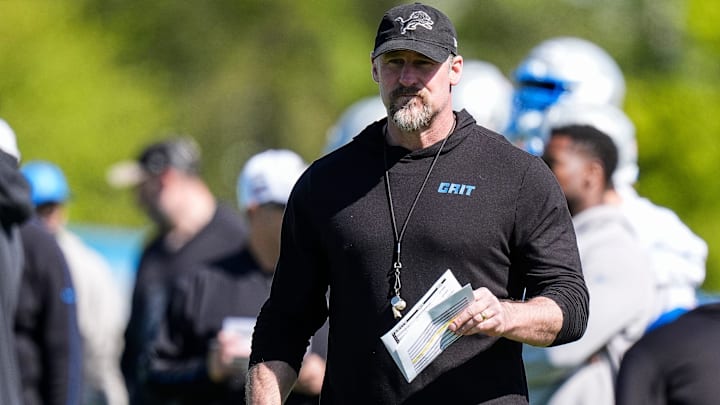 Detroit Lions head coach Dan Campbell watches practice during rookie minicamp at Meijer Performance Center in Allen Park on Friday, May 9, 2025.