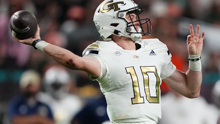 Oct 7, 2023; Miami Gardens, Florida, USA; Georgia Tech Yellow Jackets quarterback Haynes King (10) attempts a pass against the Miami Hurricanes in the second half at Hard Rock Stadium. Mandatory Credit: Jasen Vinlove-USA TODAY Sports