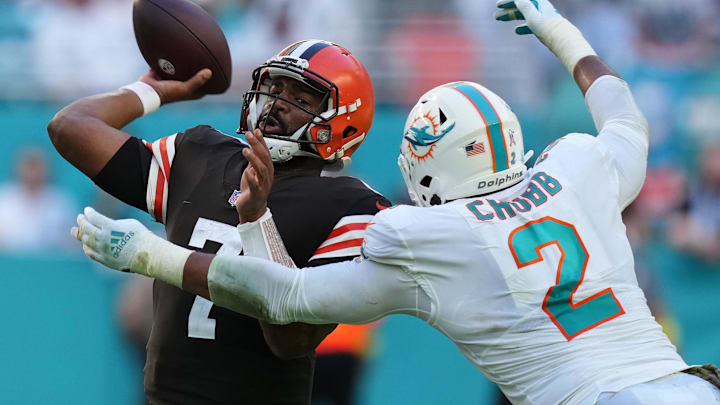 Nov 13, 2022; Miami Gardens, Florida, USA; Miami Dolphins linebacker Bradley Chubb (2) pressures