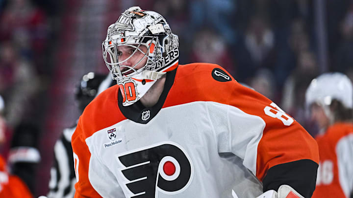 Nov 4, 2025; Montreal, Quebec, CAN; Philadelphia Flyers goalie Dan Vladar (80) looks on against the Montreal Canadiens during the second period at Bell Centre. Mandatory Credit: David Kirouac-Imagn Images Nov 4, 2025; Montreal, Quebec, CAN; Philadelphia Flyers goalie Dan Vladar (80) looks on against the Montreal Canadiens during the second period at Bell Centre. Mandatory Credit: David Kirouac-Imagn Images