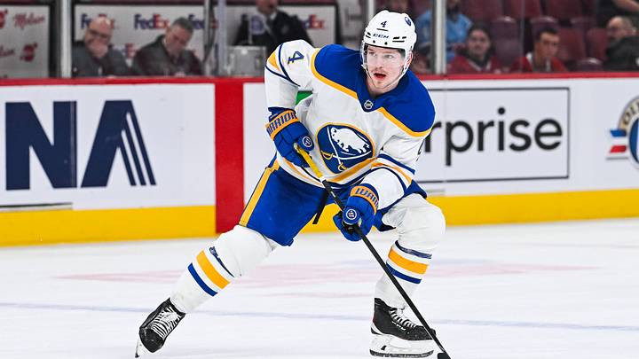 Dec 17, 2024; Montreal, Quebec, CAN; Buffalo Sabres defenseman Bowen Byram (4) plays the puck against the Montreal Canadiens during the third period at Bell Centre. Mandatory Credit: David Kirouac-Imagn Images Dec 17, 2024; Montreal, Quebec, CAN; Buffalo Sabres defenseman Bowen Byram (4) plays the puck against the Montreal Canadiens during the third period at Bell Centre. Mandatory Credit: David Kirouac-Imagn Images