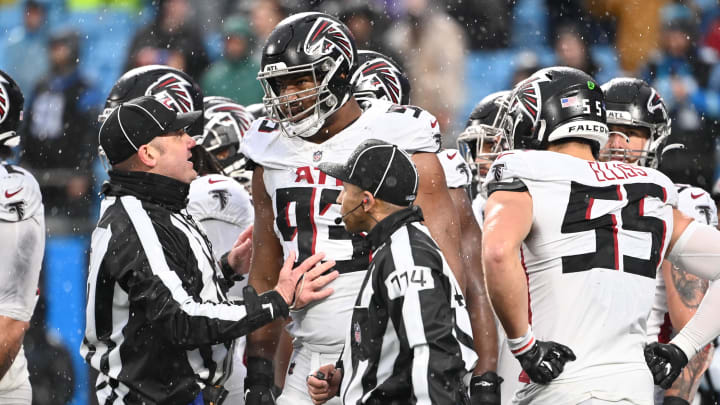 Calais Campbell during an Atlanta Falcons game against the Minnesota Vikings at Bank of America Stadium in 2023. Calais Campbell during an Atlanta Falcons game against the Minnesota Vikings at Bank of America Stadium in 2023.