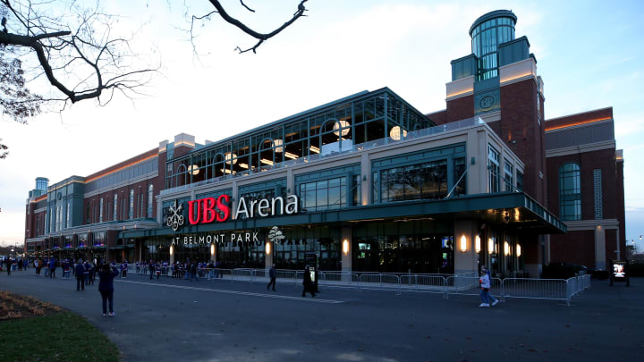 Nov 20, 2021; Elmont, New York, USA; General view of the exterior of the arena before the New York Islanders play the Calgary Flames in the first ever hockey game at UBS Arena. Mandatory Credit: Brad Penner-USA TODAY Sports