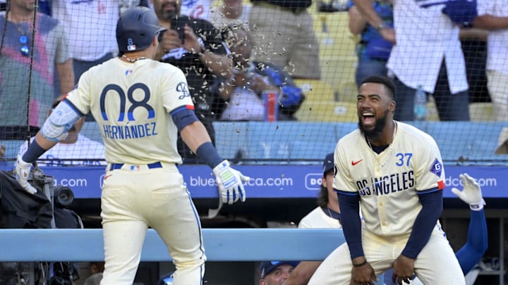 Jul 20, 2024; Los Angeles, California, USA; Los Angeles Dodgers third baseman Enrique Hernandez (8) celebrates with right fielder Teoscar Hernandez (37) after hitting a two-run home run in the seventh inning against the Boston Red Sox at Dodger Stadium. Mandatory Credit: Jayne Kamin-Oncea-Imagn Images Jul 20, 2024; Los Angeles, California, USA; Los Angeles Dodgers third baseman Enrique Hernandez (8) celebrates with right fielder Teoscar Hernandez (37) after hitting a two-run home run in the seventh inning against the Boston Red Sox at Dodger Stadium. Mandatory Credit: Jayne Kamin-Oncea-Imagn Images