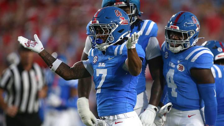 Sep 19, 2026; Oxford, Mississippi, USA;  Mississippi Rebels safety Sharif Denson (7) reacts after a play against the Louisiana State Tigers during the first quarter at Vaught-Hemingway Stadium.  Mandatory Credit: Petre Thomas-Imagn Images