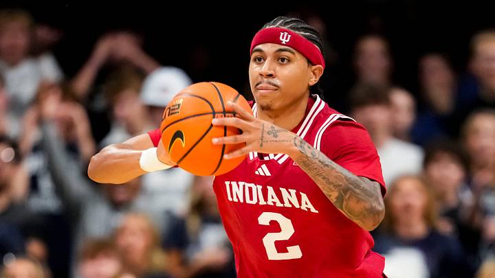 Indiana Hoosiers guard Bryce Lindsay (2) passes the ball Sunday, Oct. 11, 2026, during a preseason game at Hinkle Fieldhouse in Indianapolis. The Indiana Hoosiers defeated the Butler Bulldogs, 96-68.