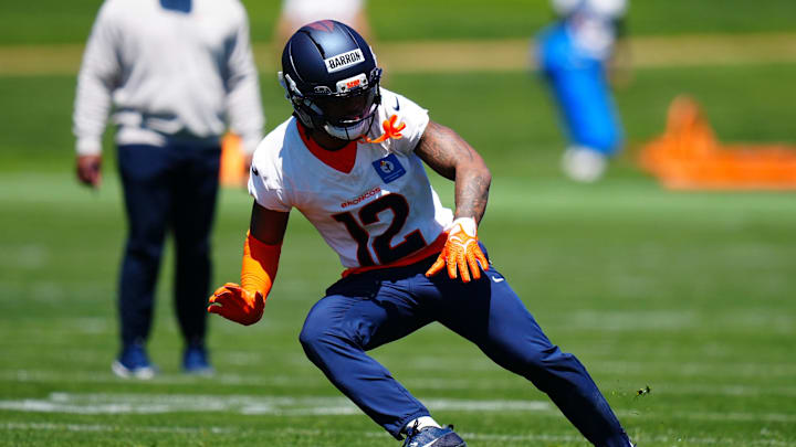 May 10, 2025; Englewood, CO, USA; Denver Broncos cornerback Jahdae Barron (12) during rookie minicamp at Broncos Park Powered by CommonSpirit. Mandatory Credit: Ron Chenoy-Imagn Images