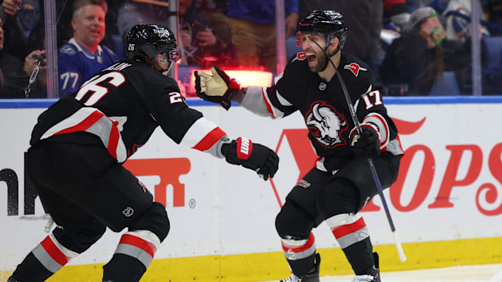 Mar 8, 2026; Buffalo, New York, USA;  Buffalo Sabres left wing Jason Zucker (17) reacts after scoring a goal during the second period against the Tampa Bay Lightning at KeyBank Center. Mandatory Credit: Timothy T. Ludwig-Imagn Images