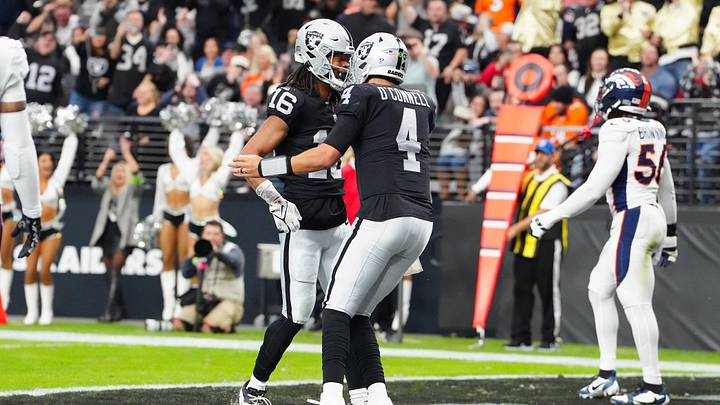 Jan 7, 2024; Paradise, Nevada, USA; Las Vegas Raiders wide receiver Jakobi Meyers (16) celebrates with Las Vegas Raiders quarterback Aidan O'Connell (4) after scoring a touchdown against the Denver Broncos during the first quarter at Allegiant Stadium. Mandatory Credit: Stephen R. Sylvanie-USA TODAY Sports Jan 7, 2024; Paradise, Nevada, USA; Las Vegas Raiders wide receiver Jakobi Meyers (16) celebrates with Las Vegas Raiders quarterback Aidan O'Connell (4) after scoring a touchdown against the Denver Broncos during the first quarter at Allegiant Stadium. Mandatory Credit: Stephen R. Sylvanie-USA TODAY Sports