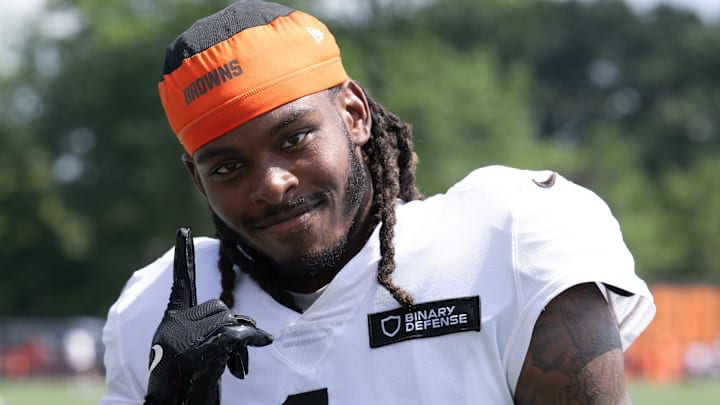 Jul 28, 2025; Berea, OH, USA; Cleveland Browns cornerback Martin Emerson Jr. (1) during training camp at CrossCountry Mortgage Campus.