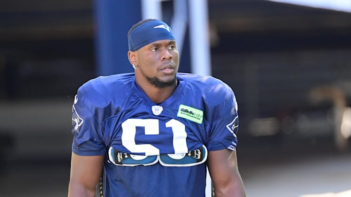 Aug 2, 2023; Foxborough, MA, USA; New England Patriots defensive end Keion White (51) heads to the practice fields at Gillette Stadium. Mandatory Credit: Eric Canha-USA TODAY Sports Aug 2, 2023; Foxborough, MA, USA; New England Patriots defensive end Keion White (51) heads to the practice fields at Gillette Stadium. Mandatory Credit: Eric Canha-USA TODAY Sports