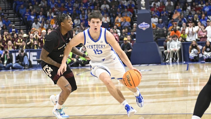 Mar 15, 2024; Nashville, TN, USA; Kentucky Wildcats guard Reed Sheppard (15) drives down the lane