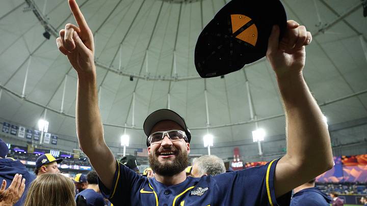 Oct 28, 2026; St. Petersburg, Florida, USA;  Milwaukee Brewers pitcher Aaron Ashby (26) celebrates after defeating the Tampa Bay Rays in game five of the 2026 World Series at Tropicana Field.  Mandatory Credit: Nathan Ray Seebeck-Imagn Images
