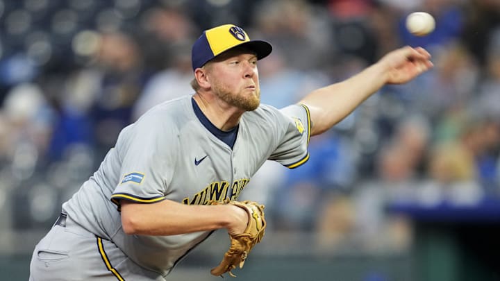 May 6, 2024; Kansas City, Missouri, USA; Milwaukee Brewers pitcher Jared Koenig (47) pitches during the seventh inning against the Kansas City Royals at Kauffman Stadium. Mandatory Credit: Jay Biggerstaff-USA TODAY Sports