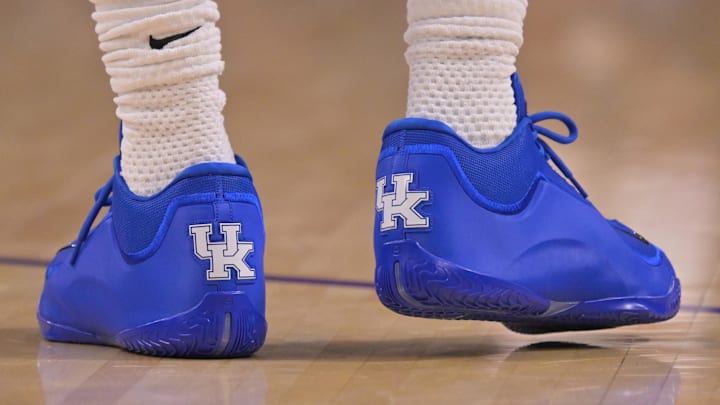 LeBron James wears the Nike LeBron 23 "Kentucky" colorway.
