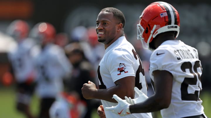 Browns running backs Nick Chubb (left) and Pierre Strong Jr. jog the field during minicamp, Thursday, June 13, 2024, in Berea. Browns running backs Nick Chubb (left) and Pierre Strong Jr. jog the field during minicamp, Thursday, June 13, 2024, in Berea.