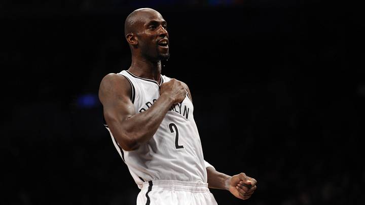 Oct 12, 2013; Brooklyn, NY, USA; Brooklyn Nets power forward Kevin Garnett (2) pumps up fans during the first half of the preseason game against the Detroit Pistons at Barclays Center. Mandatory Credit: Joe Camporeale-USA TODAY Sports